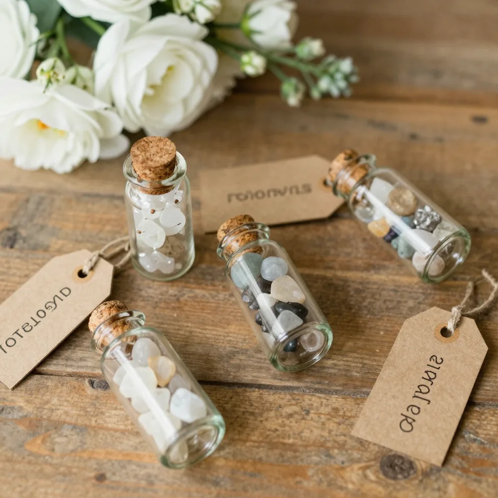 Detalles de boda para invitados con piedras naturales y etiquetas de papel kraft