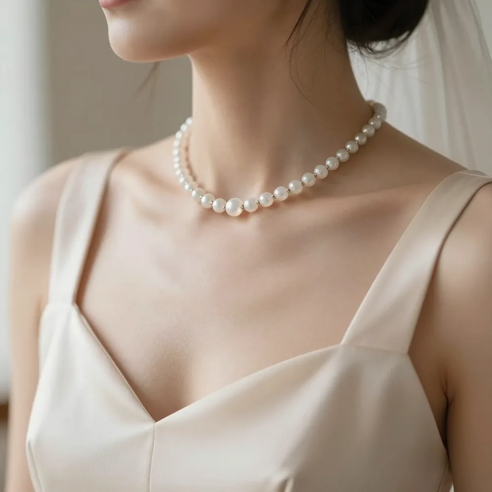 Invitada de boda con un colgante delicado de piedra natural