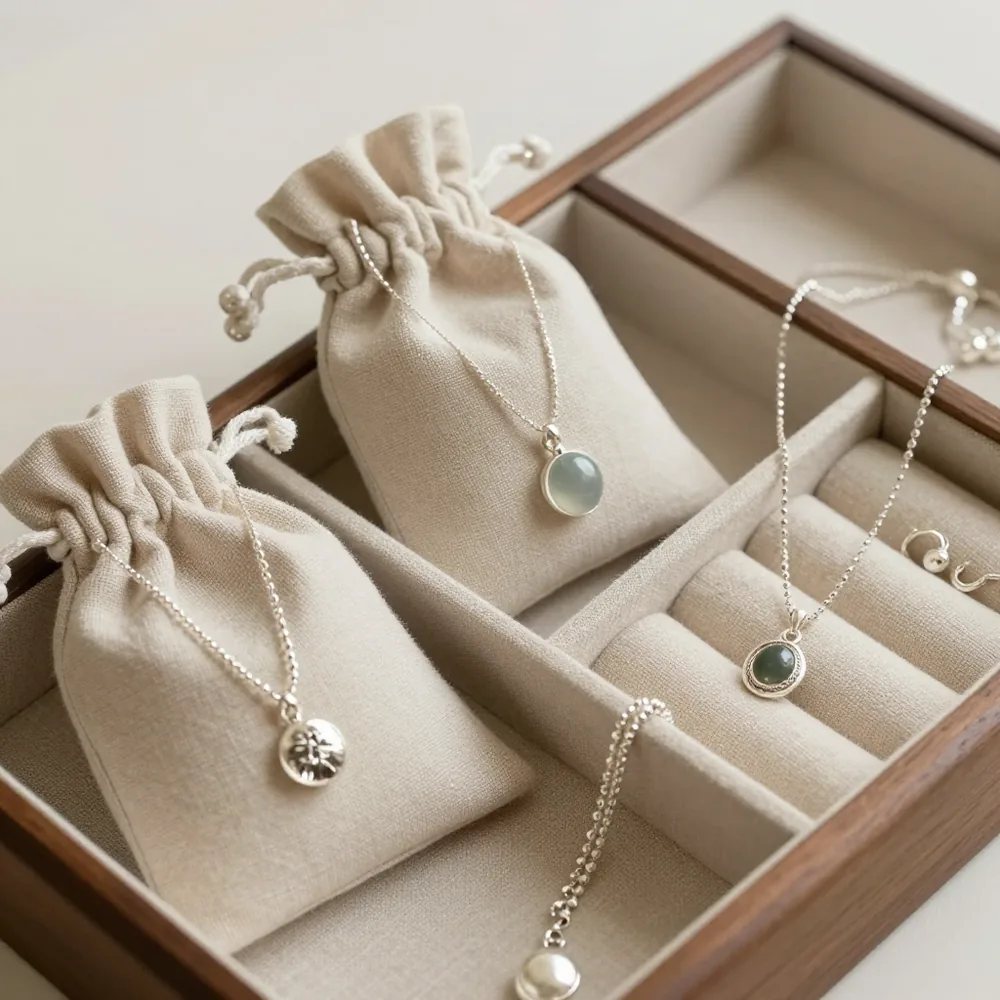 Joyero de madera con compartimentos y bolsitas de tela para guardar joyas