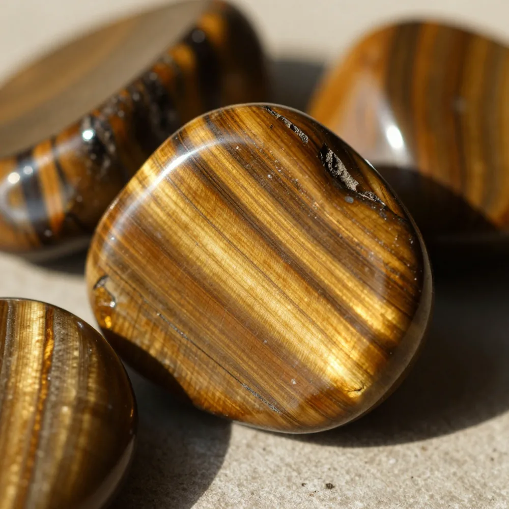 Piedras de ojo de tigre pulidas mostrando sus bandas doradas