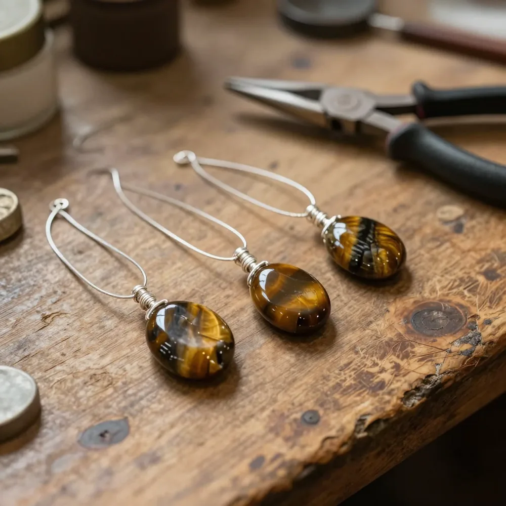 Piedras de ojo de tigre e hilo de plata sobre la mesa del taller artesanal
