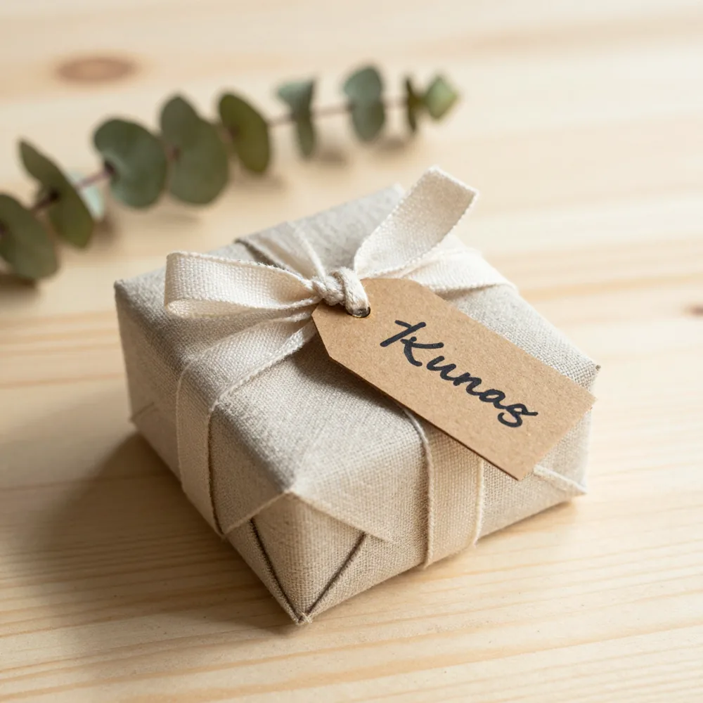 Caja de regalo con lazo de lino y etiqueta escrita a mano