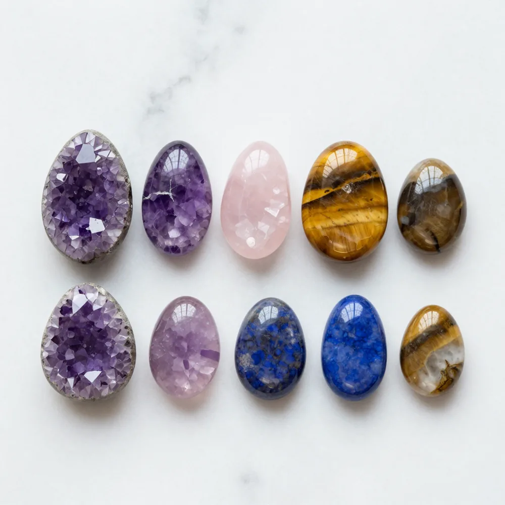 Piedras naturales de distintos colores: amatista, cuarzo rosa, ojo de tigre y lapislázuli